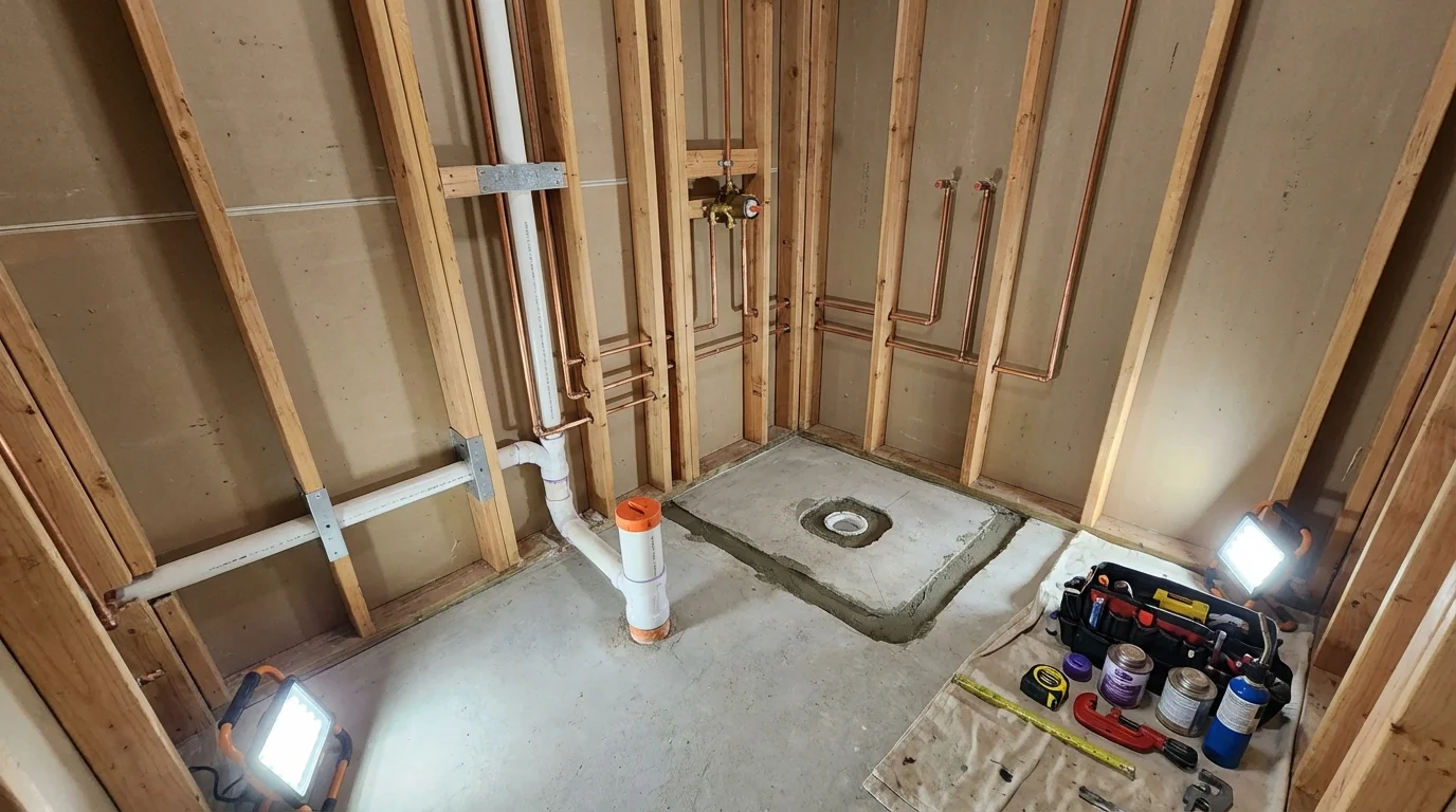 Bathroom rough-in plumbing during remodel by Johns Plumbing LLC in Edinburgh