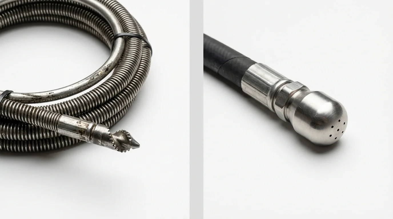 Drain snake cable and hydro jetting nozzle used for drain cleaning in Edinburgh, IN