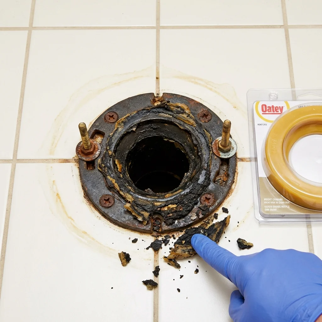 Failed wax ring showing water seepage at the base of a toilet in a Edinburgh, IN home